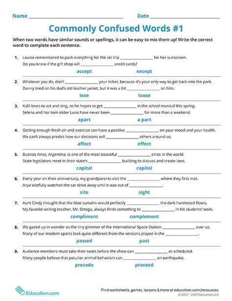 commonly confused words worksheet answer key